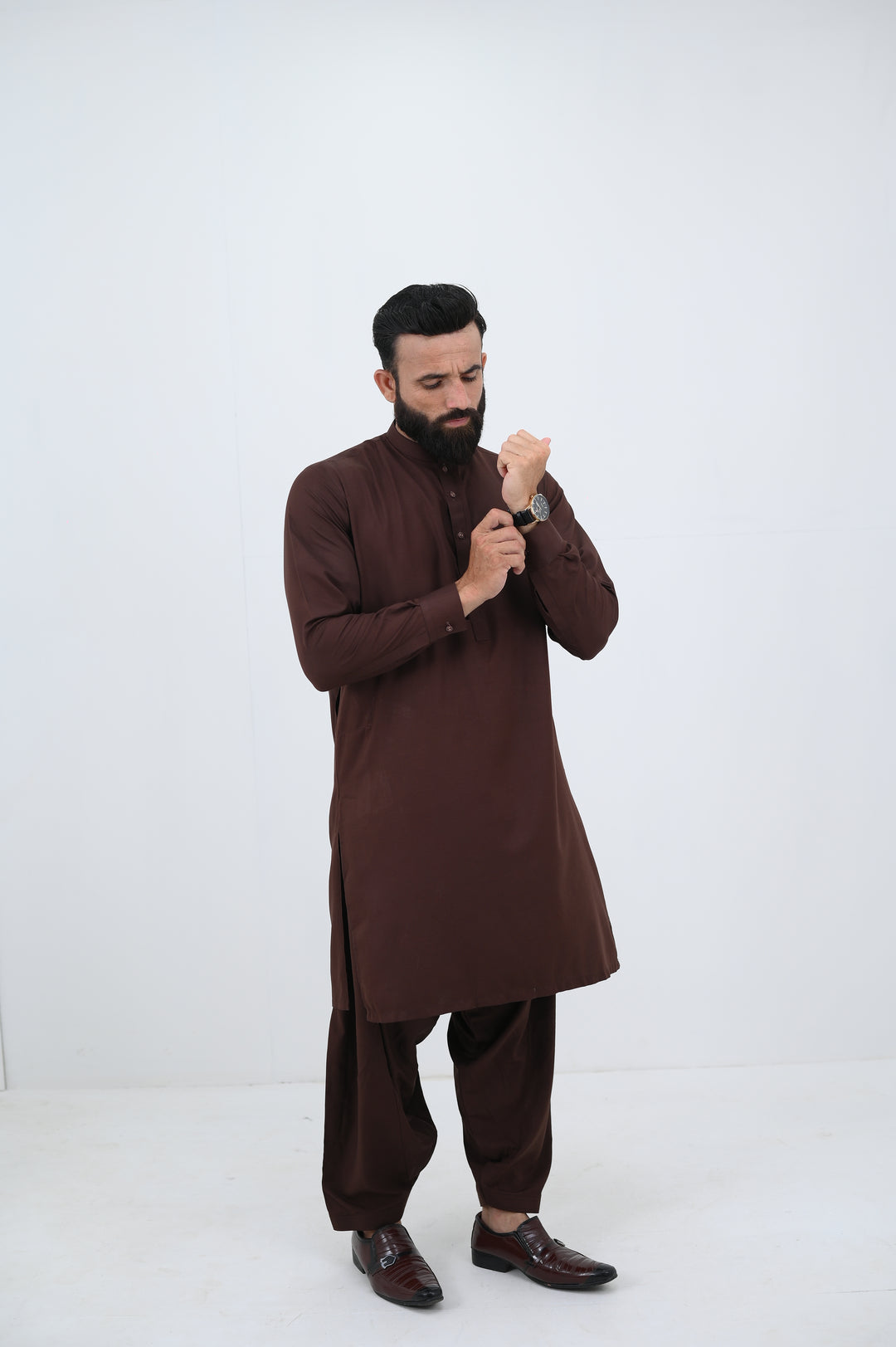 AlifYay - Blended Kurta Shalwar With Waistcoat For Men - Brown - 3 Piece Suit