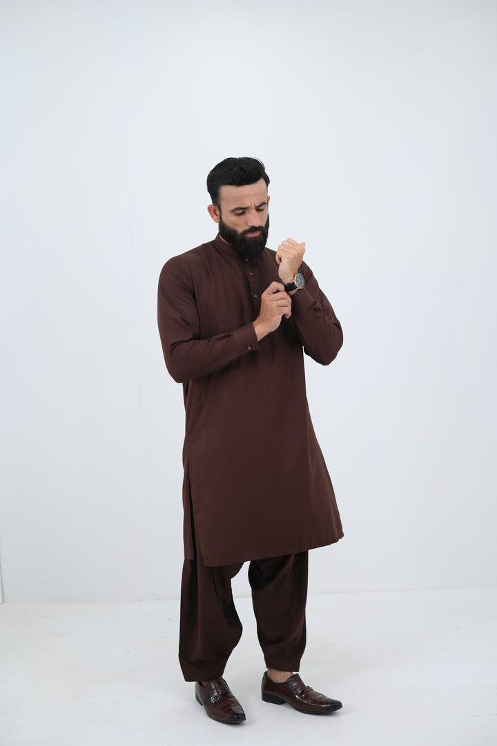 AlifYay - Blended Kurta Shalwar With Waistcoat For Men - Brown - 3 Piece Suit