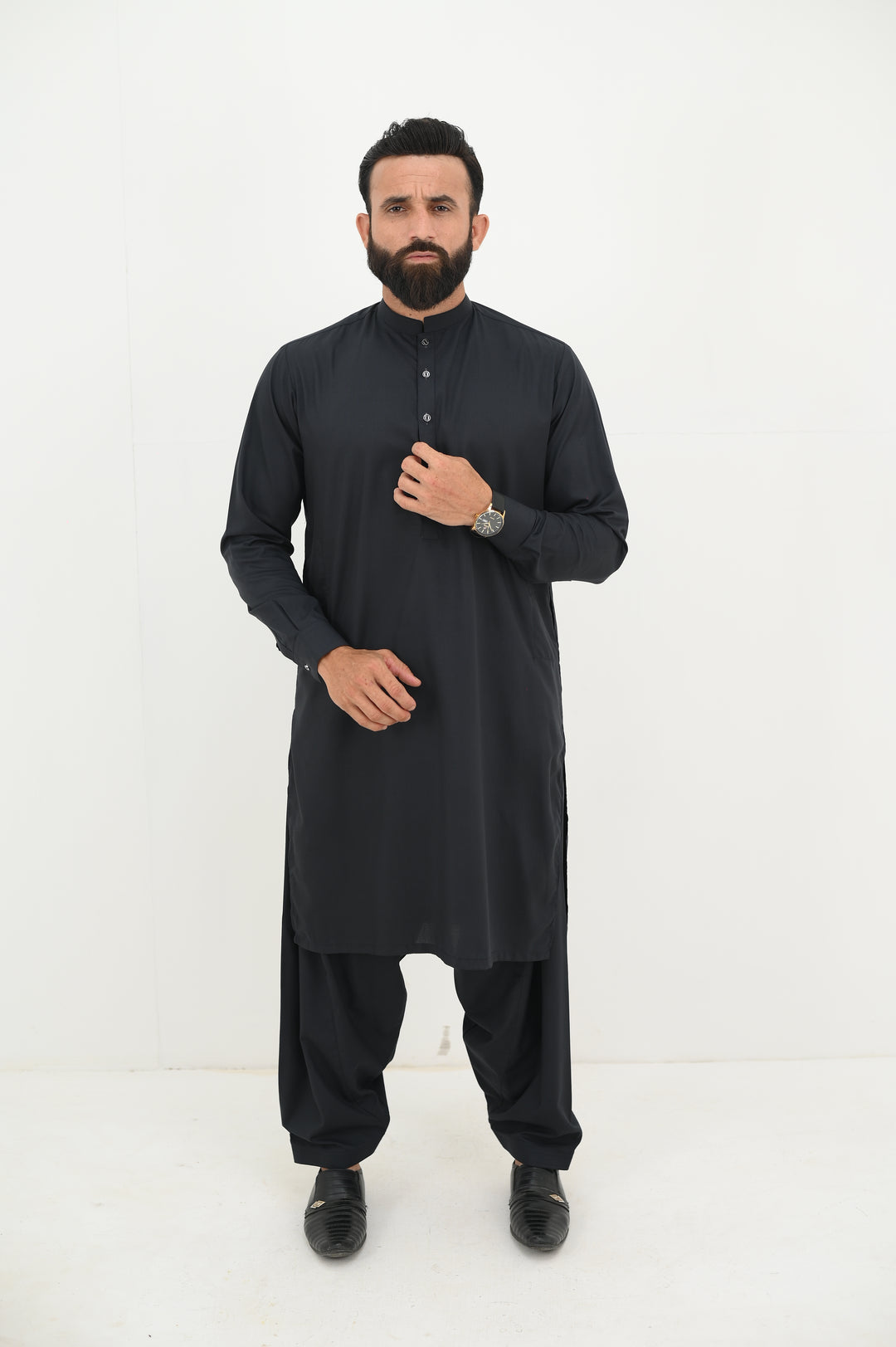 AlifYay - Blended Kurta Shalwar With Waistcoat For Men - Charcoal Black & Navy Blue - 3 Piece Suit