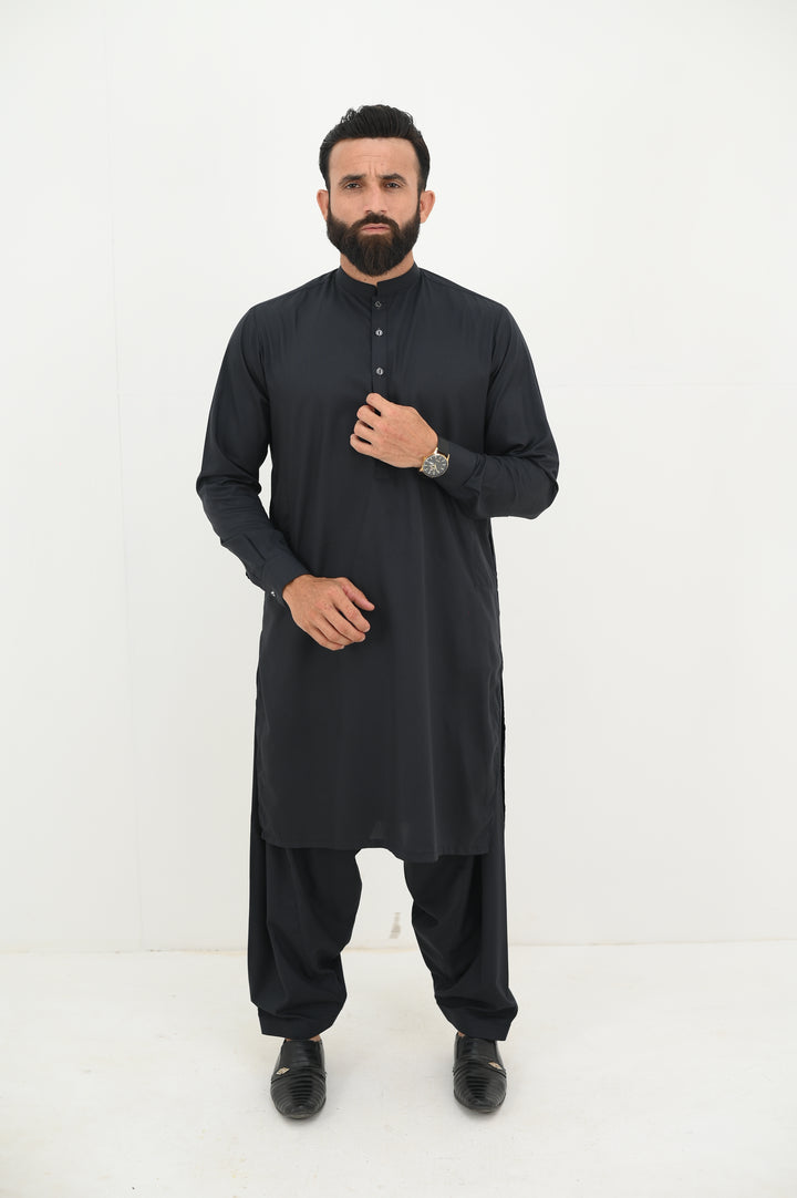 AlifYay - Blended Kurta Shalwar With Waistcoat For Men - Charcoal Black & Navy Blue - 3 Piece Suit