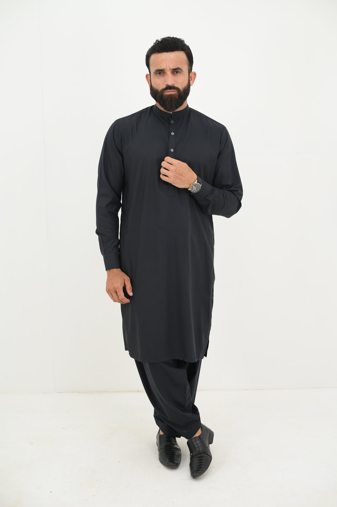 AlifYay - Blended Kurta Shalwar With Waistcoat For Men - Charcoal Black & Navy Blue - 3 Piece Suit