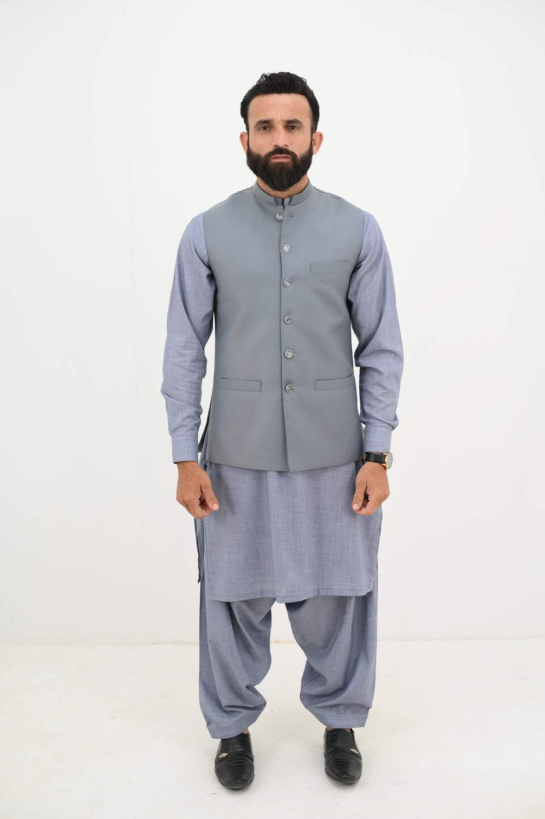 AlifYay - Blended Kurta Shalwar With Waistcoat For Men - Grey - 3 Piece Suit