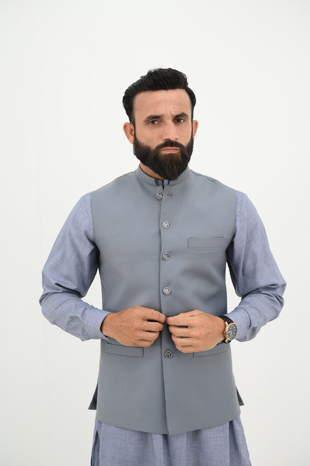 AlifYay - Blended Kurta Shalwar With Waistcoat For Men - Grey - 3 Piece Suit