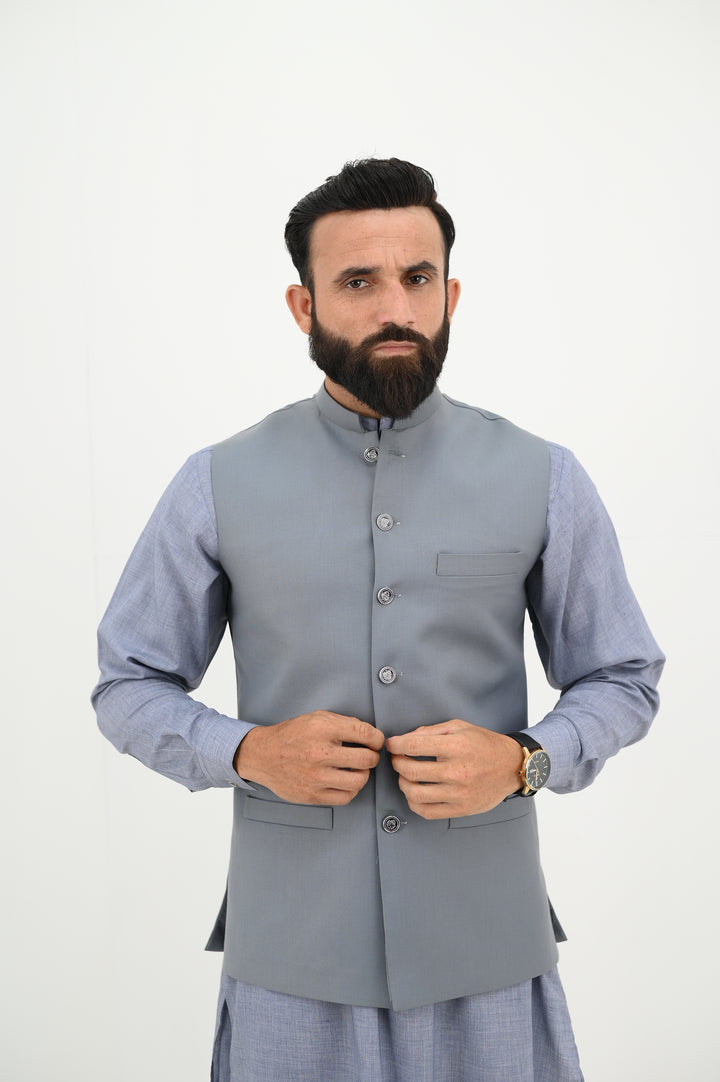 AlifYay - Blended Kurta Shalwar With Waistcoat For Men - Grey - 3 Piece Suit