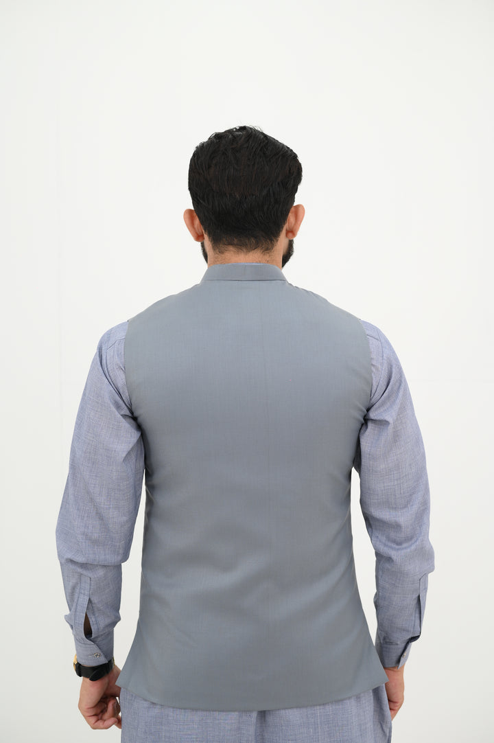 AlifYay - Blended Kurta Shalwar With Waistcoat For Men - Grey - 3 Piece Suit