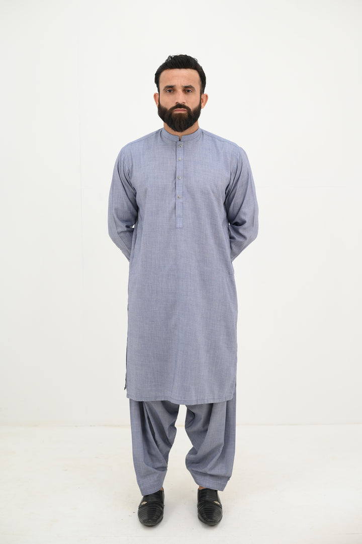 AlifYay - Blended Kurta Shalwar With Waistcoat For Men - Grey - 3 Piece Suit