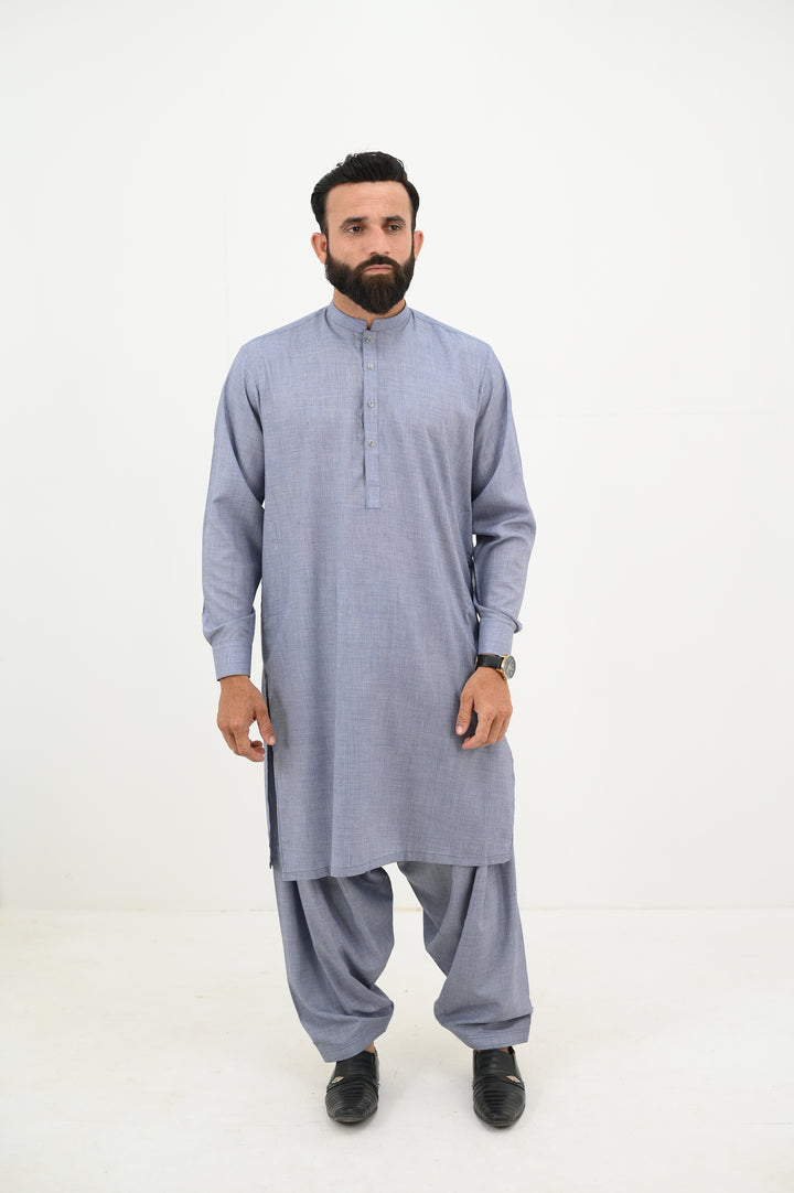 AlifYay - Blended Kurta Shalwar With Waistcoat For Men - Grey - 3 Piece Suit