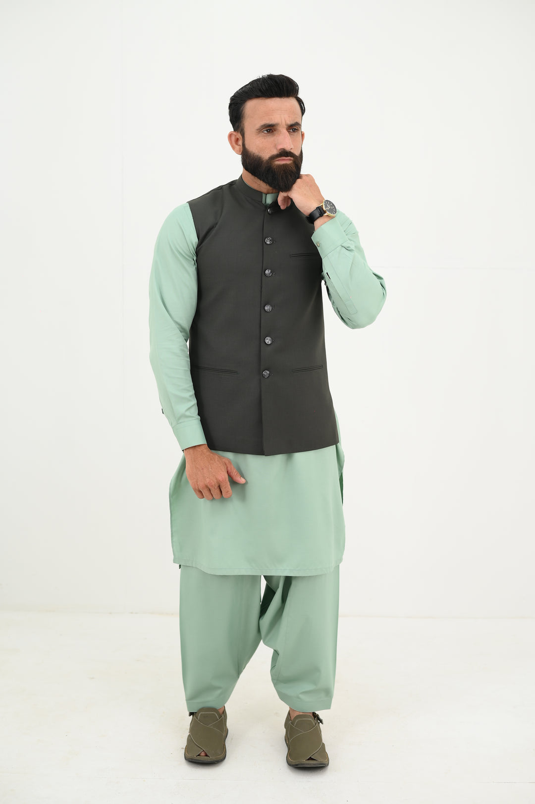 AlifYay - Blended Kurta Shalwar With Waistcoat For Men - Mint Green & Olive Green - 3 Piece Suit
