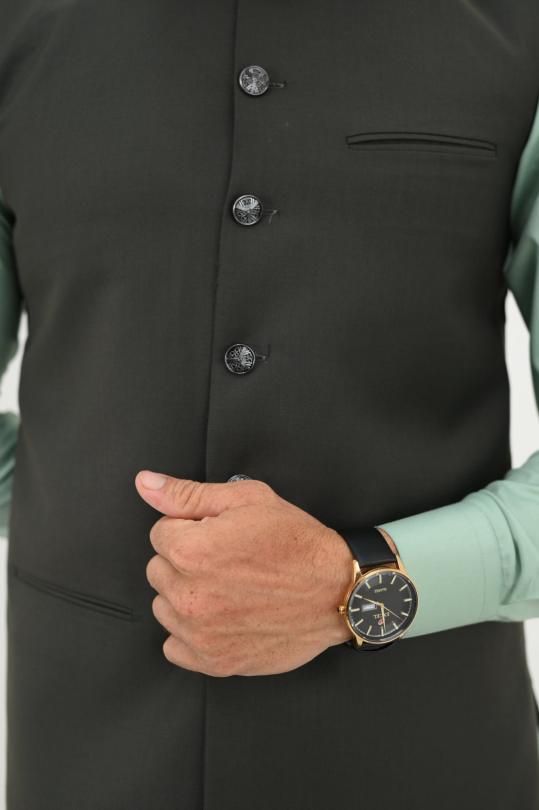 AlifYay - Blended Kurta Shalwar With Waistcoat For Men - Mint Green & Olive Green - 3 Piece Suit