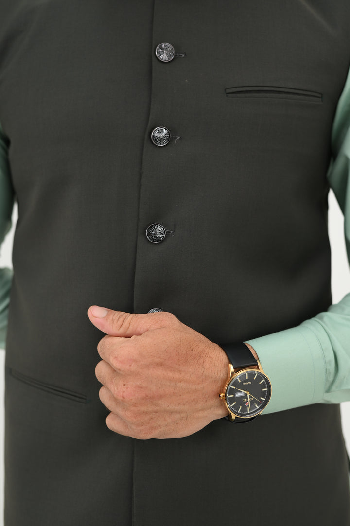 AlifYay - Blended Kurta Shalwar With Waistcoat For Men - Mint Green & Olive Green - 3 Piece Suit