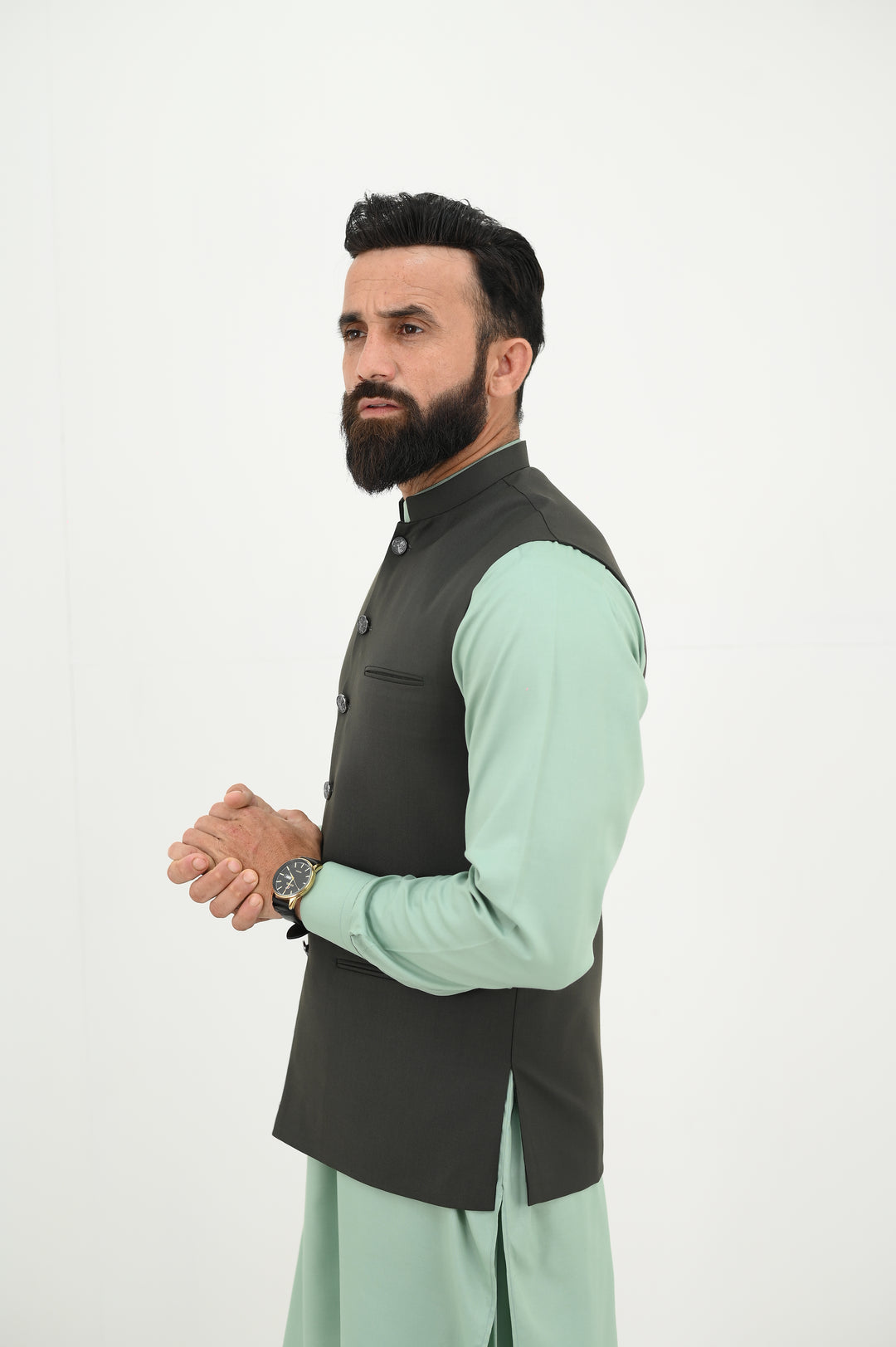 AlifYay - Blended Kurta Shalwar With Waistcoat For Men - Mint Green & Olive Green - 3 Piece Suit