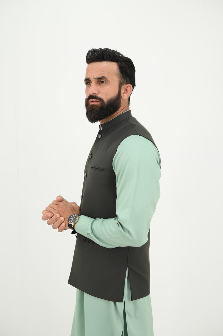 AlifYay - Blended Kurta Shalwar With Waistcoat For Men - Mint Green & Olive Green - 3 Piece Suit