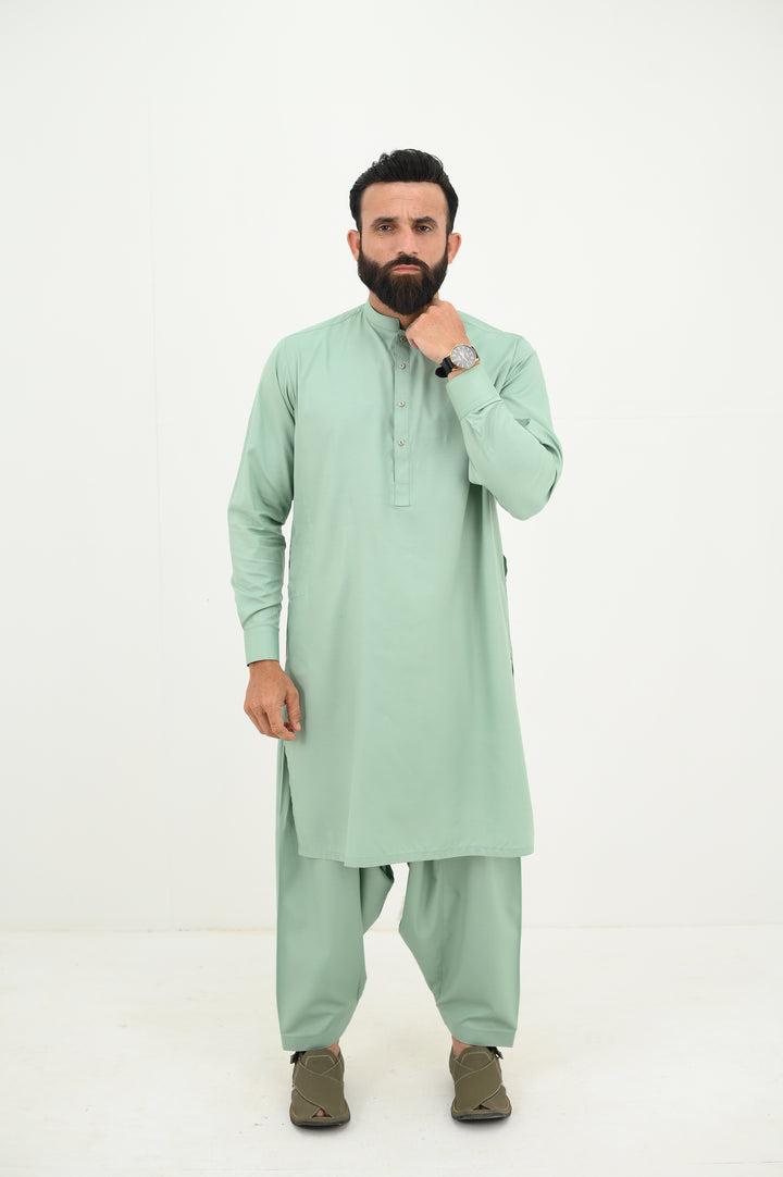 AlifYay - Blended Kurta Shalwar With Waistcoat For Men - Mint Green & Olive Green - 3 Piece Suit