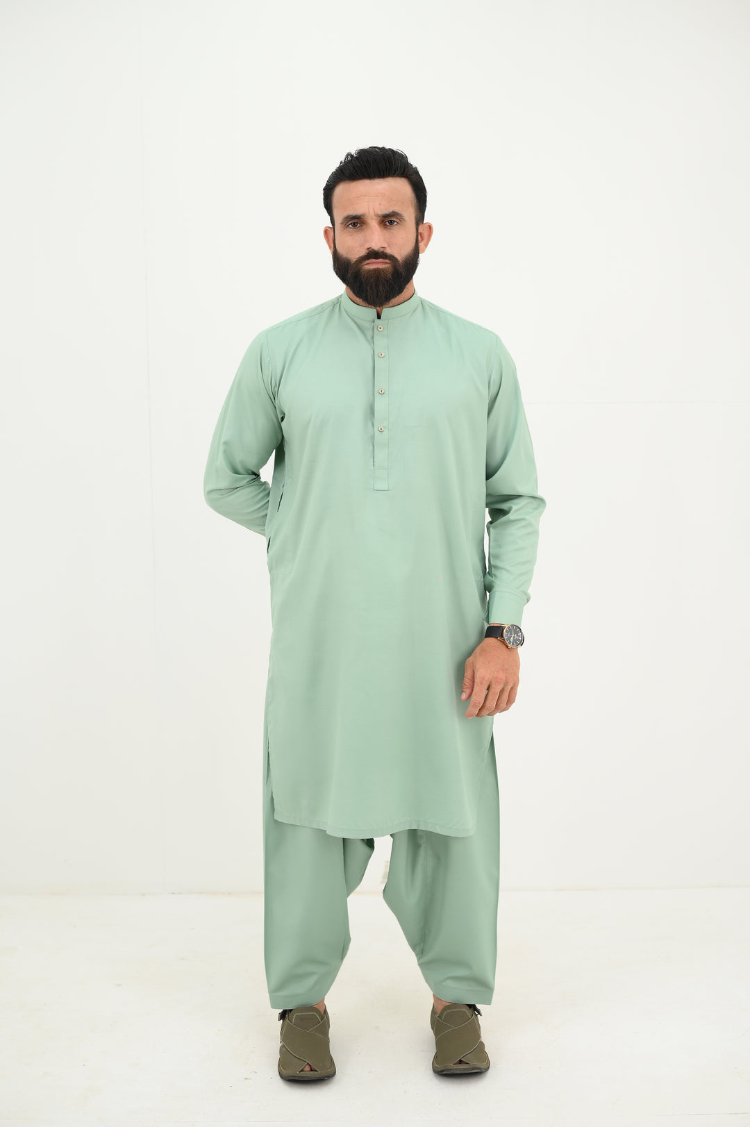 AlifYay - Blended Kurta Shalwar With Waistcoat For Men - Mint Green & Olive Green - 3 Piece Suit