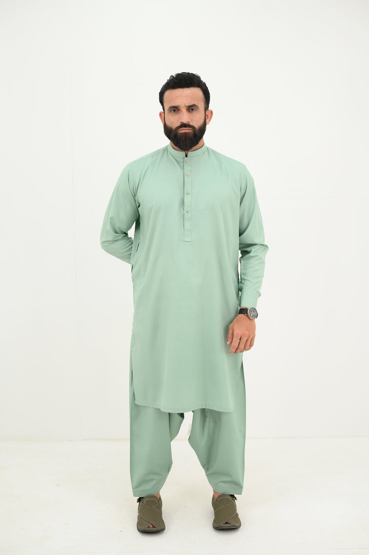 AlifYay - Blended Kurta Shalwar With Waistcoat For Men - Mint Green & Olive Green - 3 Piece Suit