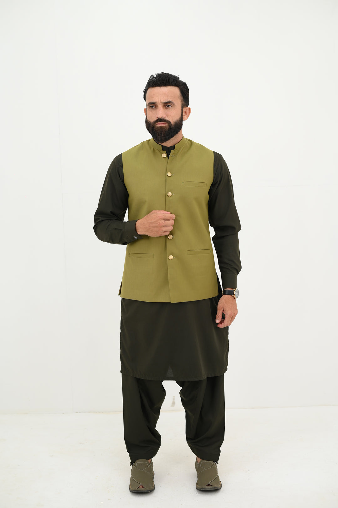 AlifYay - Blended Kurta Shalwar With Waistcoat For Men - Olive Green & Mustard Green - 3 Piece Suit