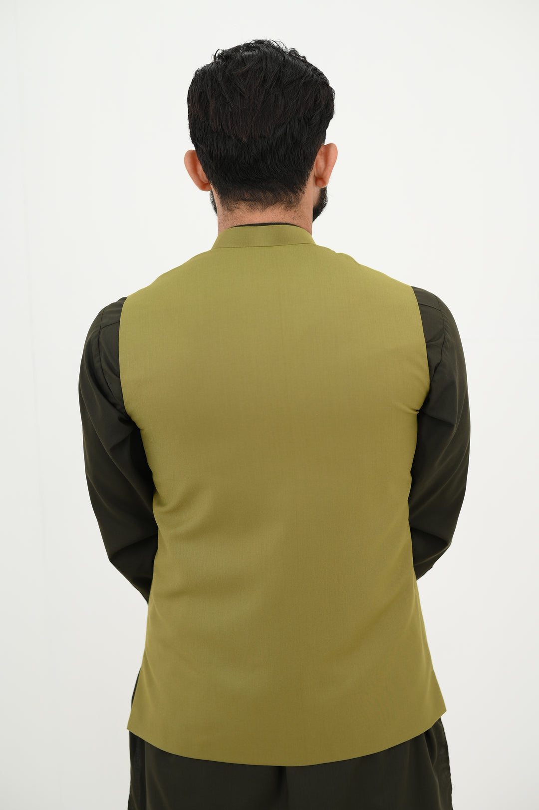 AlifYay - Blended Kurta Shalwar With Waistcoat For Men - Olive Green & Mustard Green - 3 Piece Suit