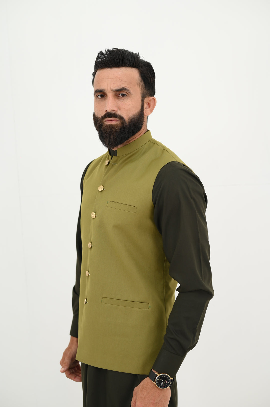 AlifYay - Blended Kurta Shalwar With Waistcoat For Men - Olive Green & Mustard Green - 3 Piece Suit