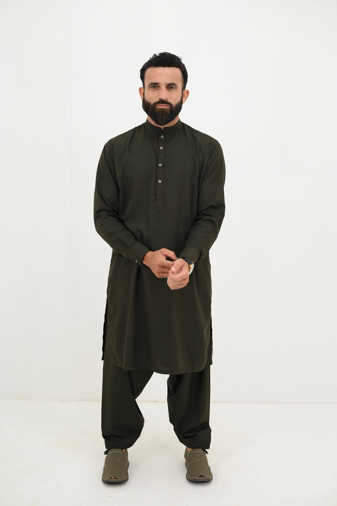 AlifYay - Blended Kurta Shalwar With Waistcoat For Men - Olive Green & Mustard Green - 3 Piece Suit