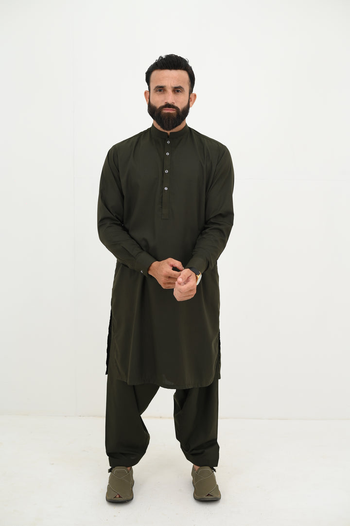 AlifYay - Blended Kurta Shalwar With Waistcoat For Men - Olive Green & Mustard Green - 3 Piece Suit