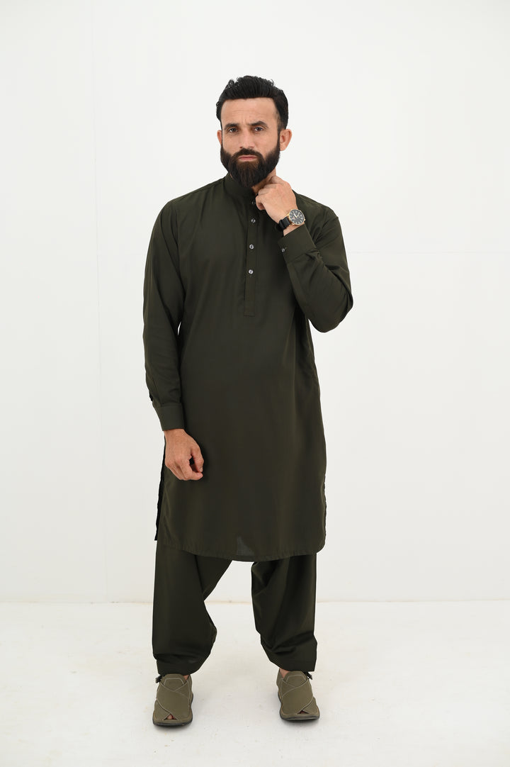 AlifYay - Blended Kurta Shalwar With Waistcoat For Men - Olive Green & Mustard Green - 3 Piece Suit