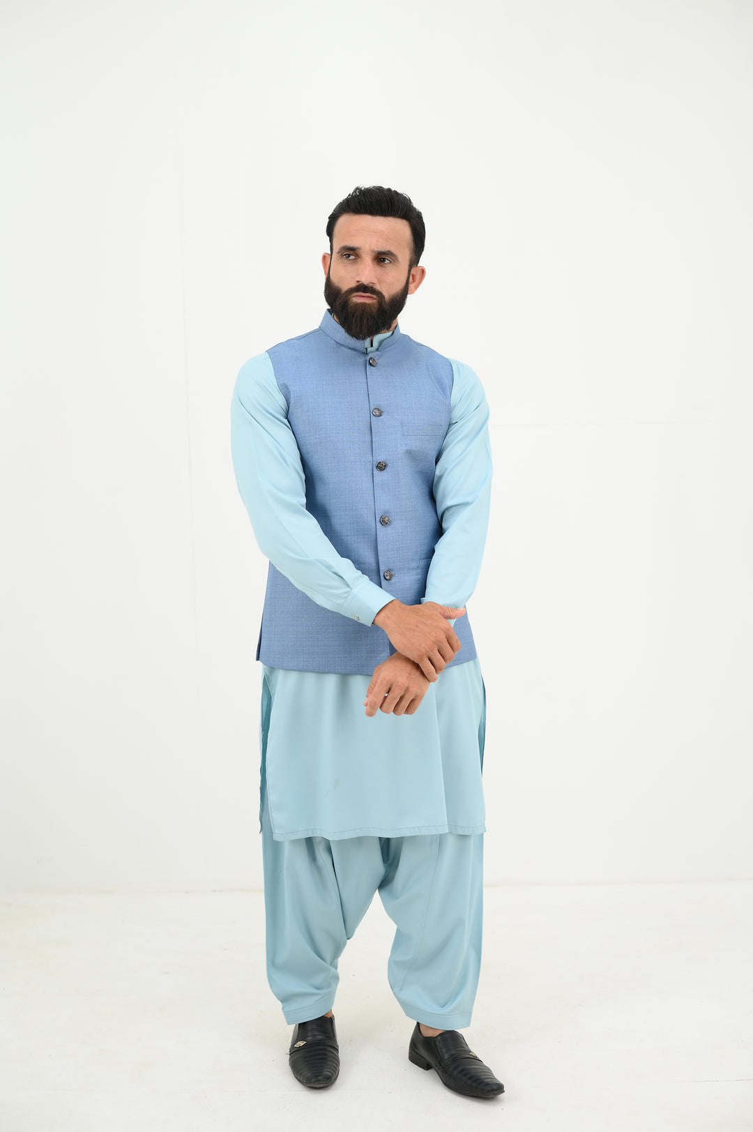 AlifYay - Blended Kurta Shalwar With Waistcoat For Men - Sky Blue & Steel Blue - 3 Piece Suit