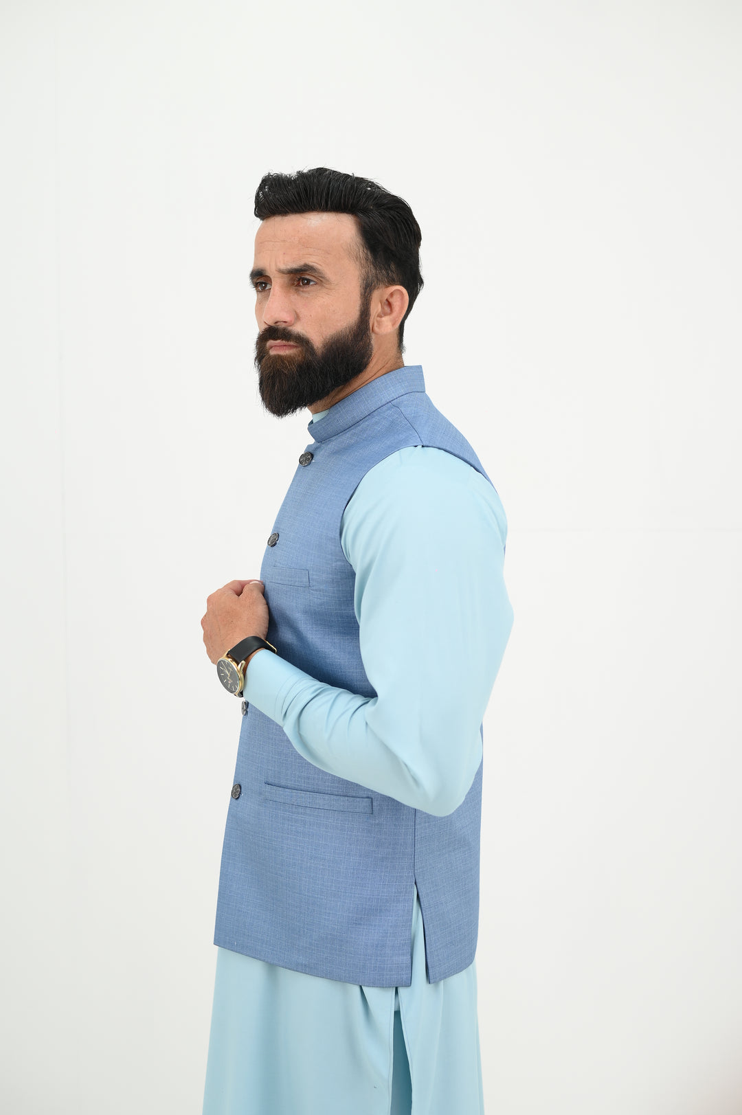 AlifYay - Blended Kurta Shalwar With Waistcoat For Men - Sky Blue & Steel Blue - 3 Piece Suit