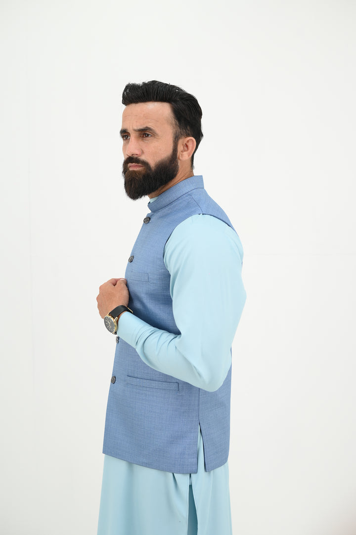 AlifYay - Blended Kurta Shalwar With Waistcoat For Men - Sky Blue & Steel Blue - 3 Piece Suit