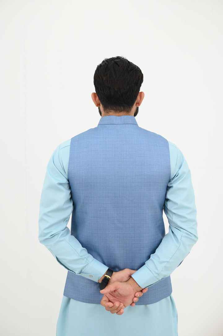 AlifYay - Blended Kurta Shalwar With Waistcoat For Men - Sky Blue & Steel Blue - 3 Piece Suit
