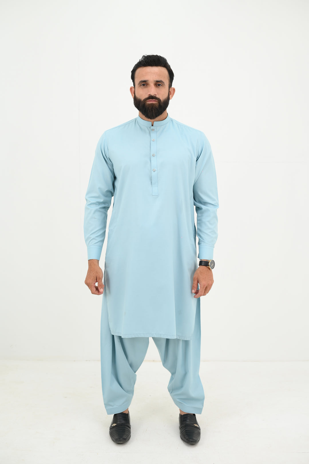 AlifYay - Blended Kurta Shalwar With Waistcoat For Men - Sky Blue & Steel Blue - 3 Piece Suit