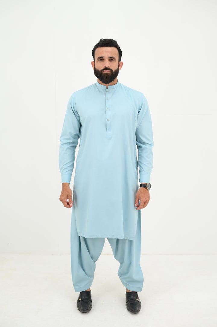 AlifYay - Blended Kurta Shalwar With Waistcoat For Men - Sky Blue & Steel Blue - 3 Piece Suit