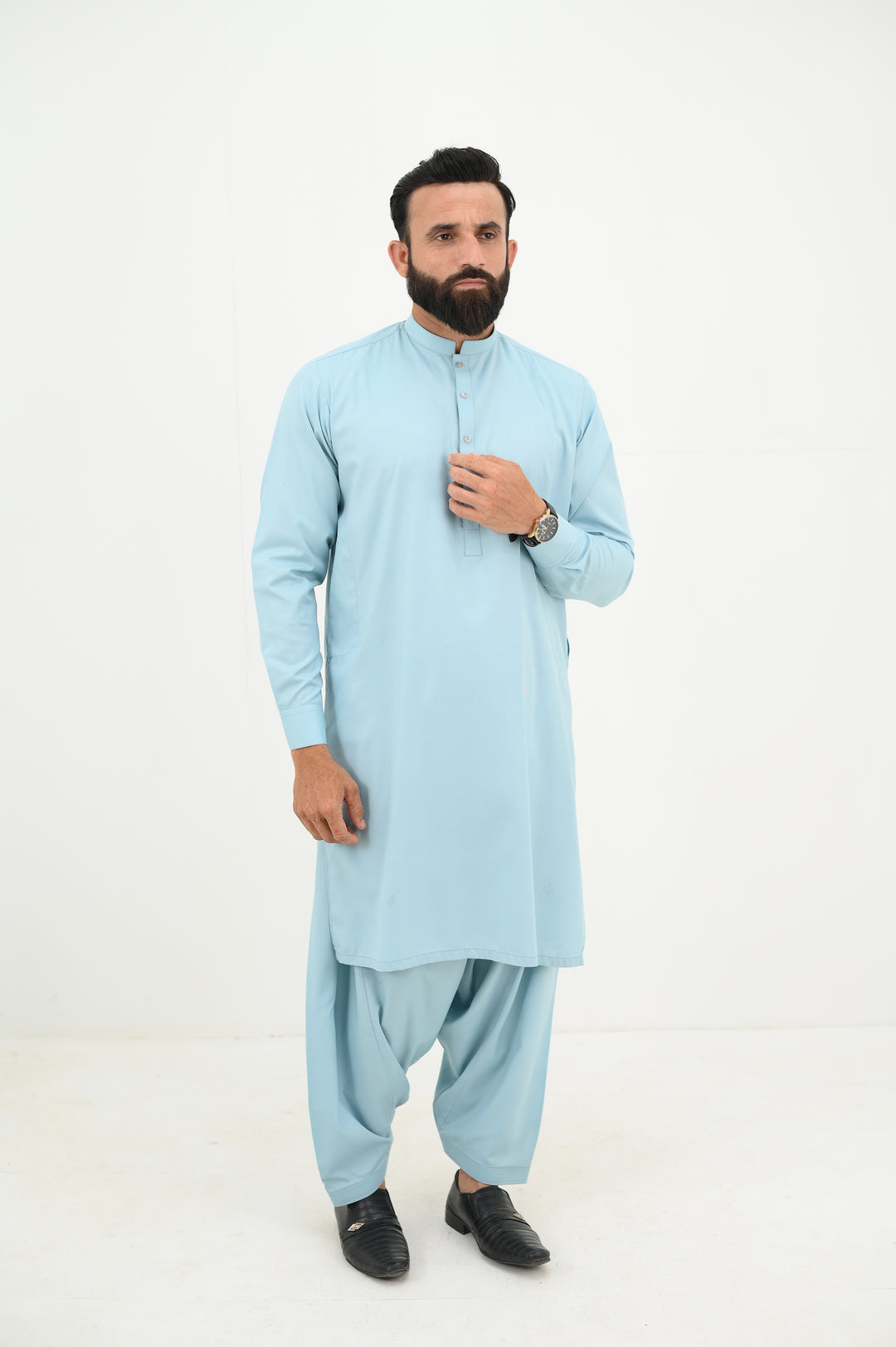 AlifYay - Blended Kurta Shalwar With Waistcoat For Men - Sky Blue & Steel Blue - 3 Piece Suit