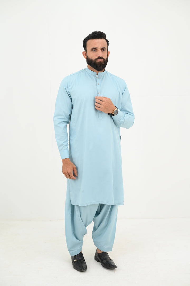 AlifYay - Blended Kurta Shalwar With Waistcoat For Men - Sky Blue & Steel Blue - 3 Piece Suit