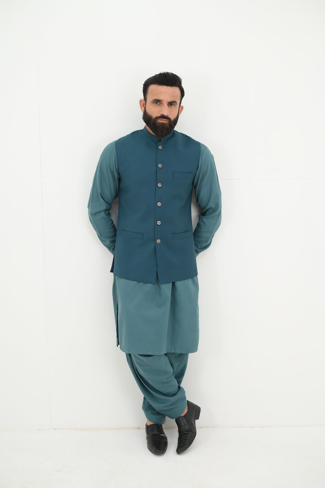 AlifYay - Blended Kurta Shalwar With Waistcoat For Men - Teal Blue - 3 Piece Suit