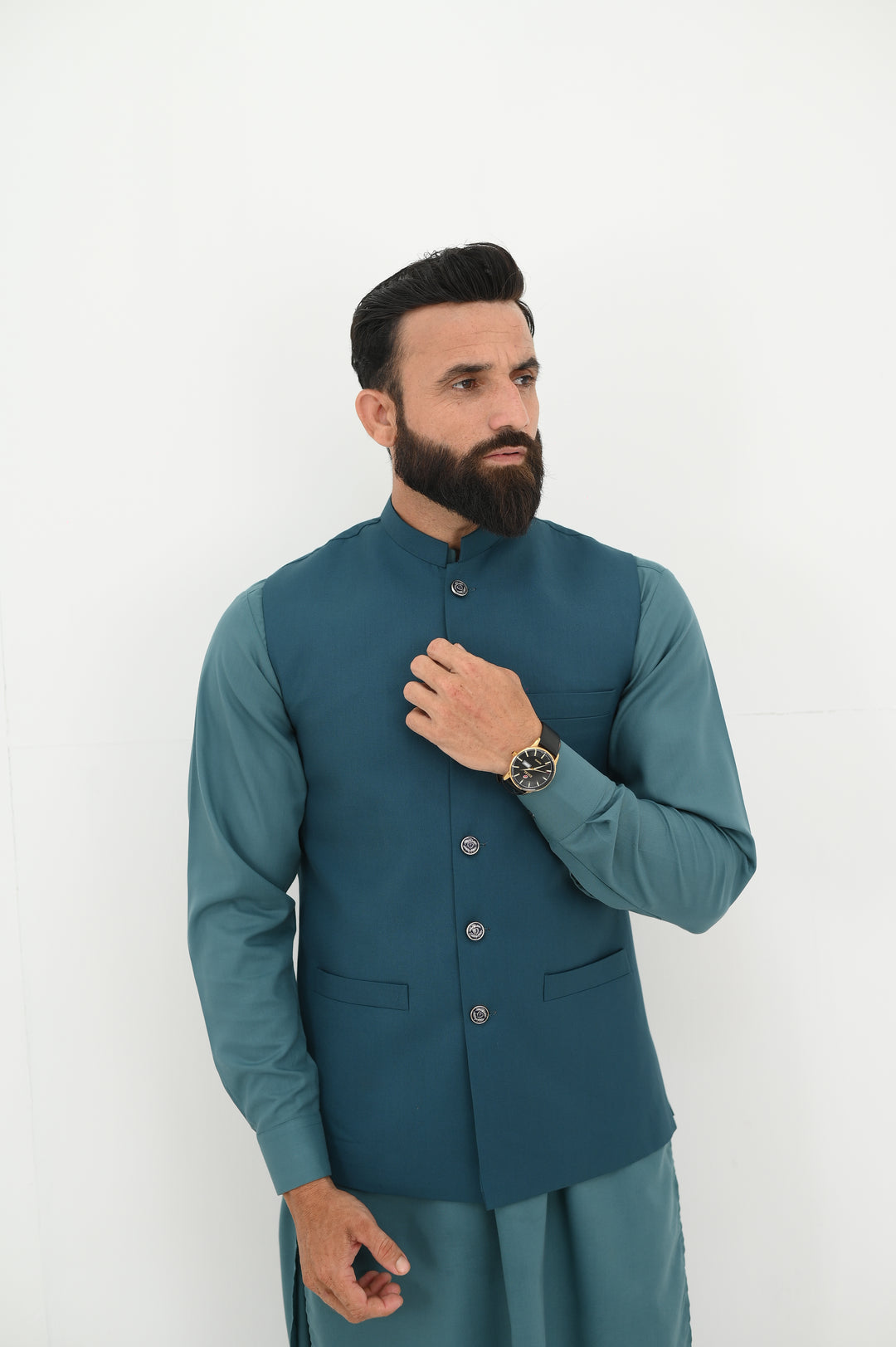 AlifYay - Blended Kurta Shalwar With Waistcoat For Men - Teal Blue - 3 Piece Suit
