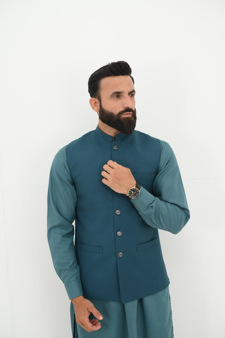 AlifYay - Blended Kurta Shalwar With Waistcoat For Men - Teal Blue - 3 Piece Suit