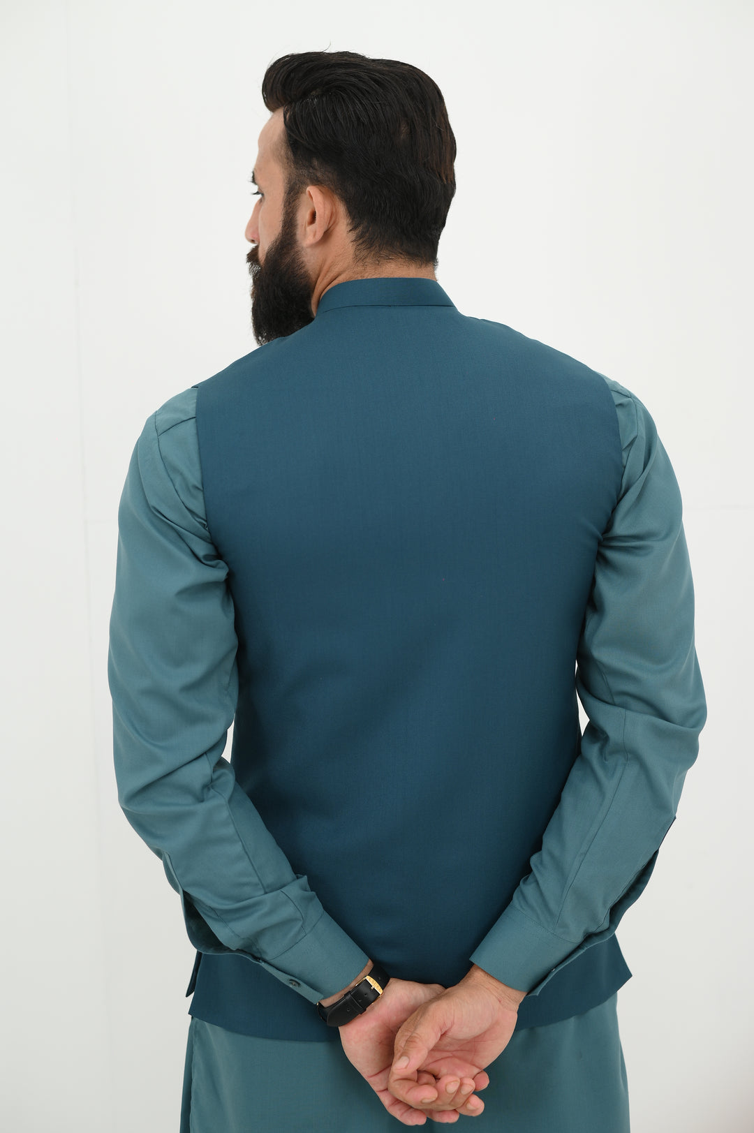 AlifYay - Blended Kurta Shalwar With Waistcoat For Men - Teal Blue - 3 Piece Suit