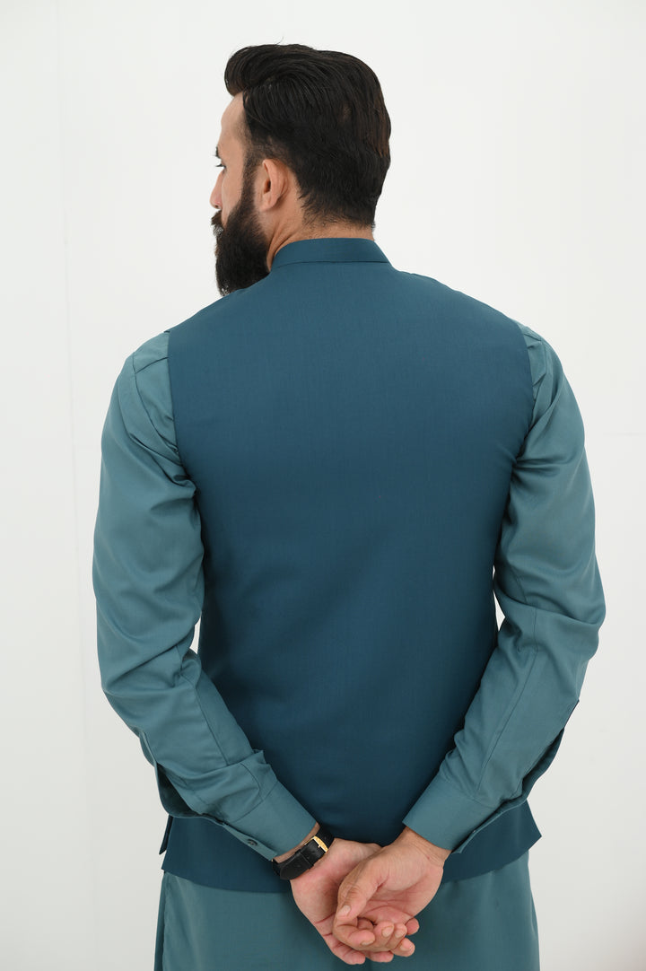AlifYay - Blended Kurta Shalwar With Waistcoat For Men - Teal Blue - 3 Piece Suit