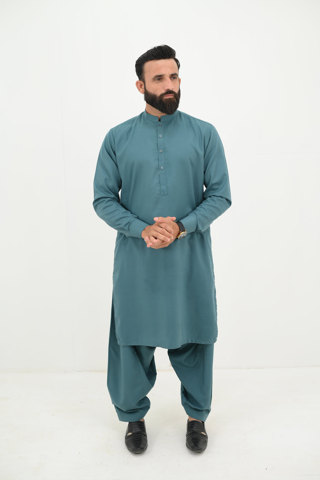 AlifYay - Blended Kurta Shalwar With Waistcoat For Men - Teal Blue - 3 Piece Suit