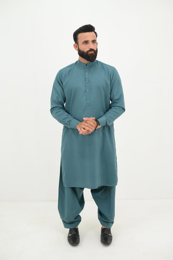 AlifYay - Blended Kurta Shalwar With Waistcoat For Men - Teal Blue - 3 Piece Suit