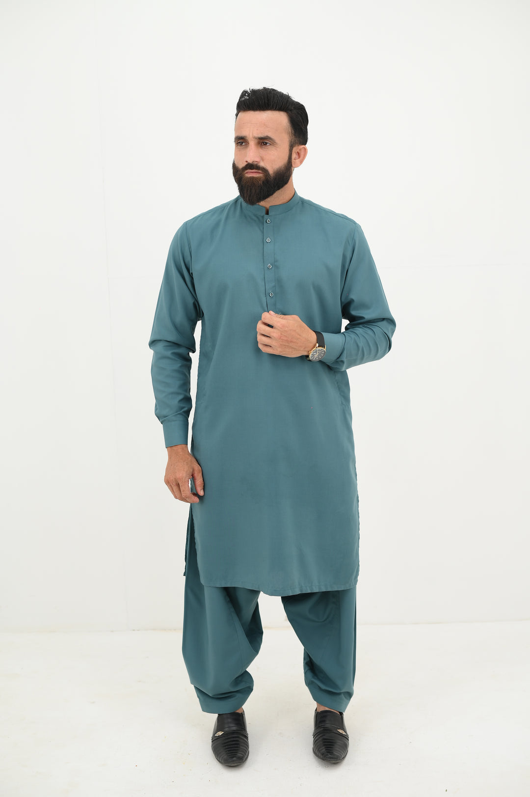 AlifYay - Blended Kurta Shalwar With Waistcoat For Men - Teal Blue - 3 Piece Suit