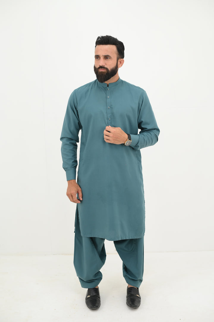 AlifYay - Blended Kurta Shalwar With Waistcoat For Men - Teal Blue - 3 Piece Suit