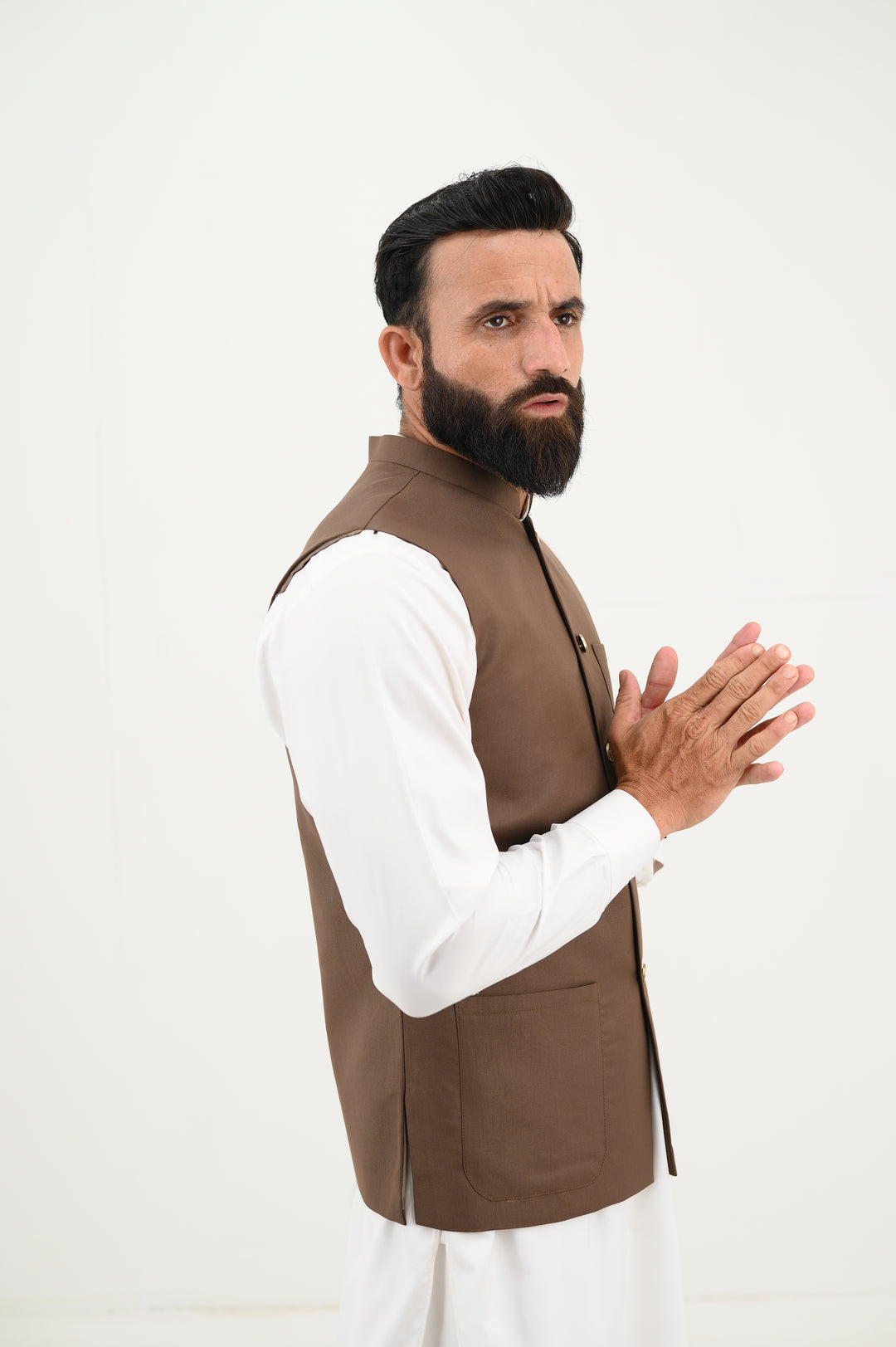 AlifYay - Blended Kurta Shalwar With Waistcoat For Men - White & Brown - 3 Piece Suit