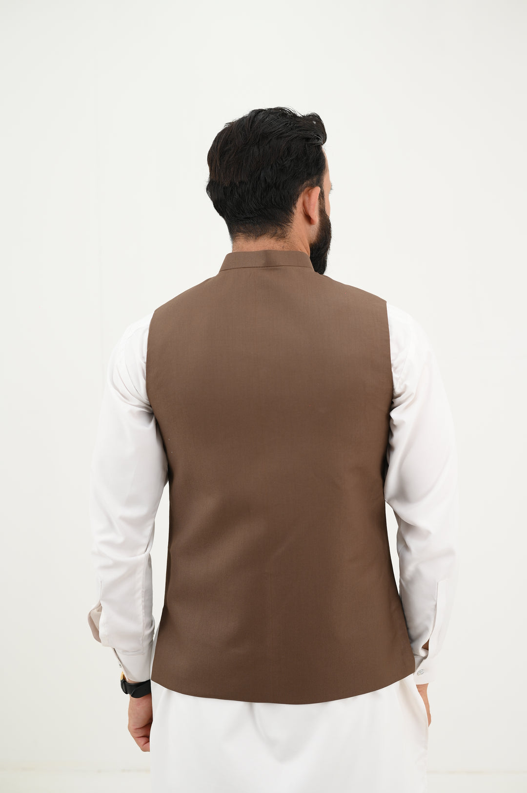 AlifYay - Blended Kurta Shalwar With Waistcoat For Men - White & Brown - 3 Piece Suit