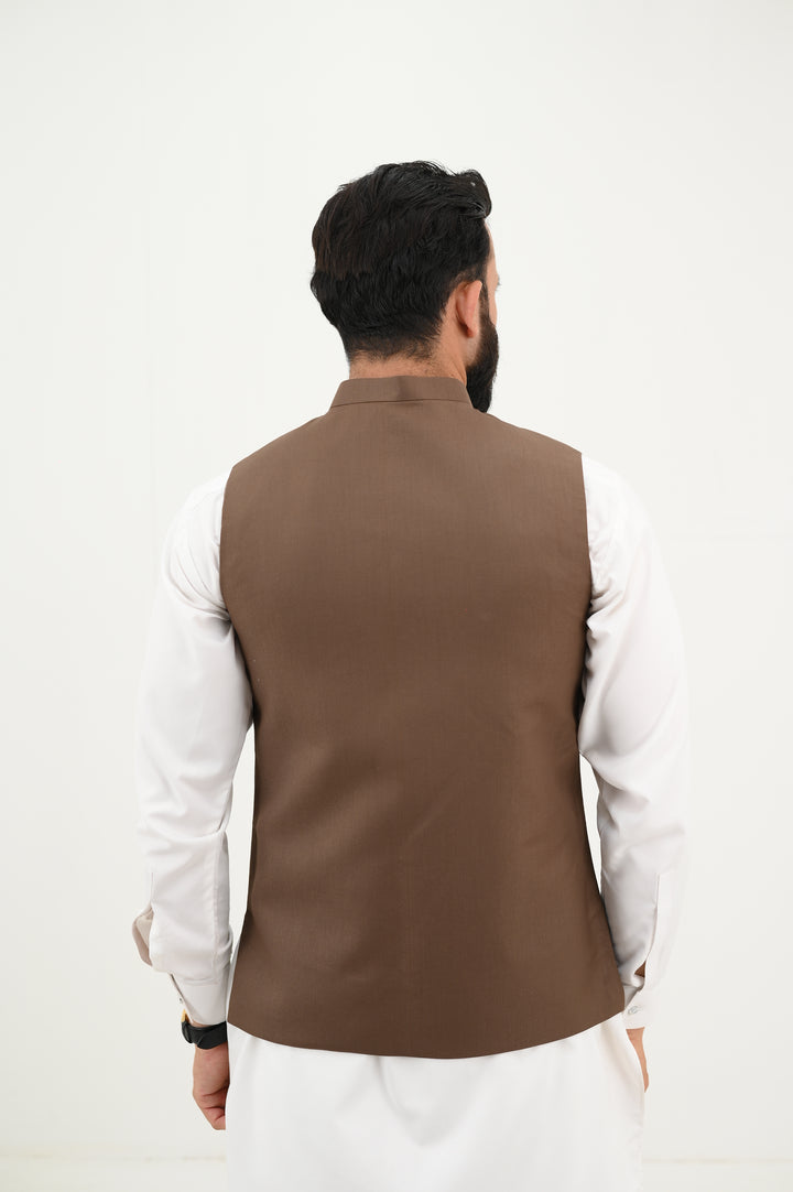AlifYay - Blended Kurta Shalwar With Waistcoat For Men - White & Brown - 3 Piece Suit