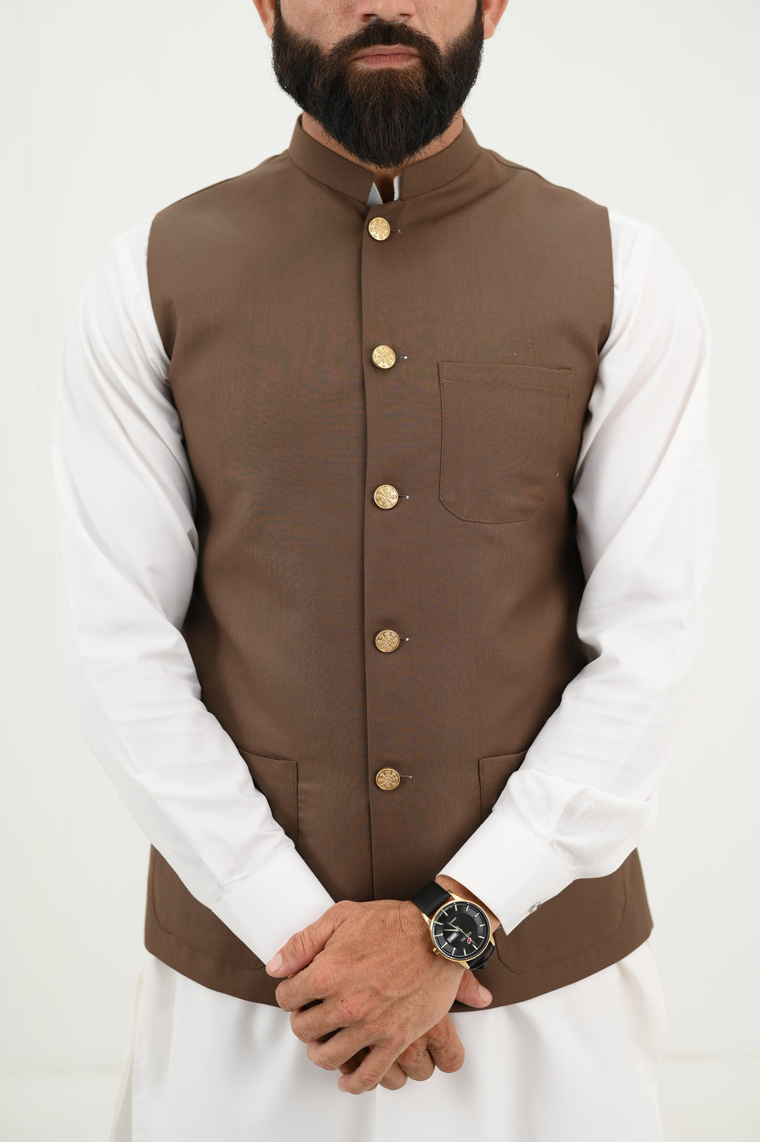 AlifYay - Blended Kurta Shalwar With Waistcoat For Men - White & Brown - 3 Piece Suit