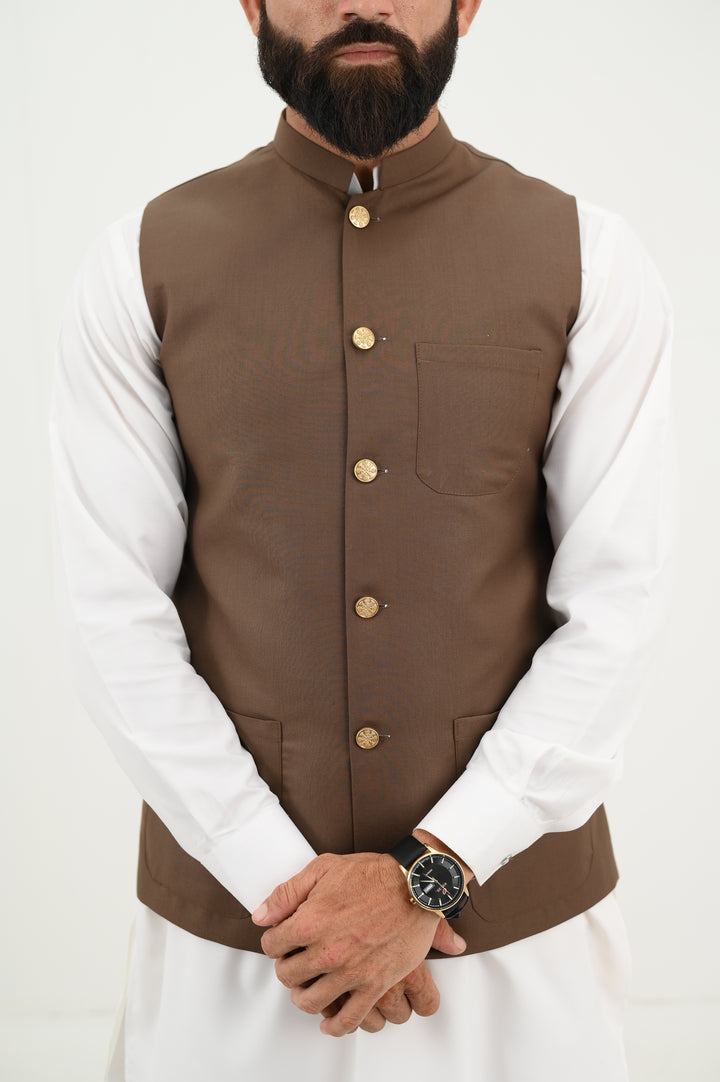AlifYay - Blended Kurta Shalwar With Waistcoat For Men - White & Brown - 3 Piece Suit