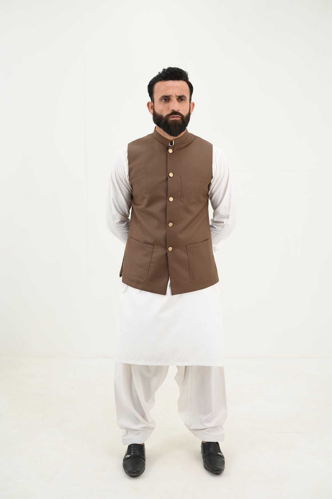 AlifYay - Blended Kurta Shalwar With Waistcoat For Men - White & Brown - 3 Piece Suit