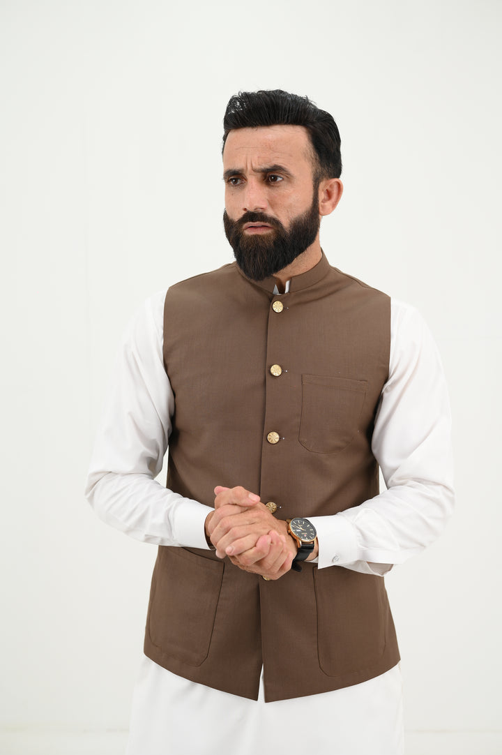 AlifYay - Blended Kurta Shalwar With Waistcoat For Men - White & Brown - 3 Piece Suit