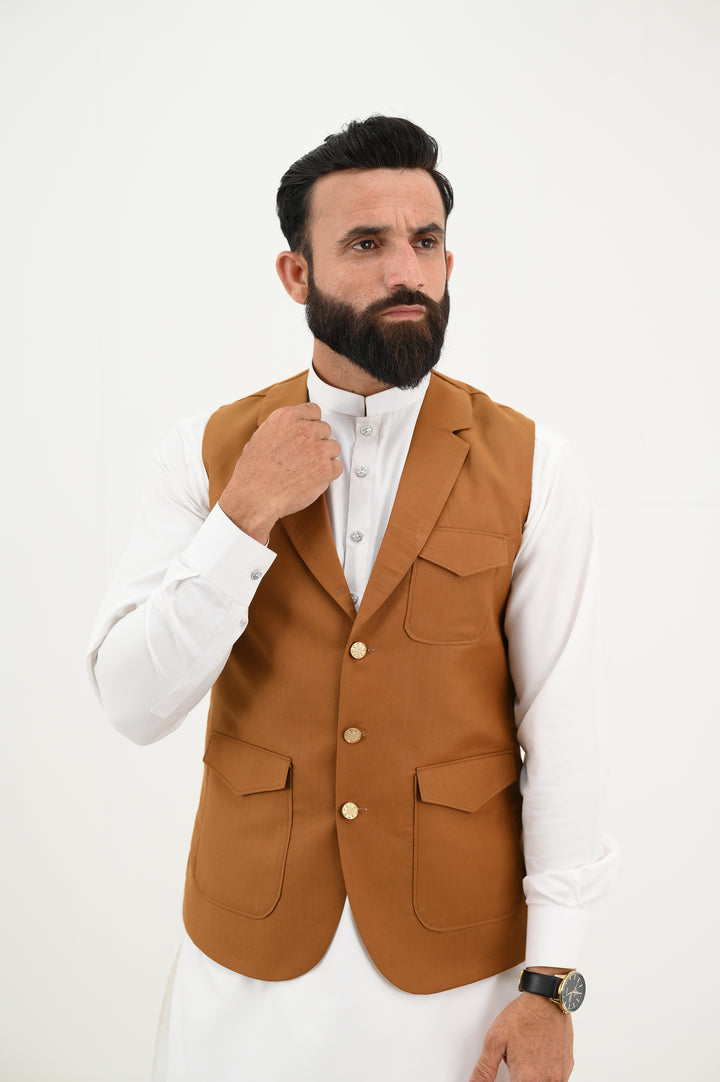 AlifYay - Blended Kurta Shalwar With Waistcoat For Men - White & Camel Brown - 3 Piece Suit